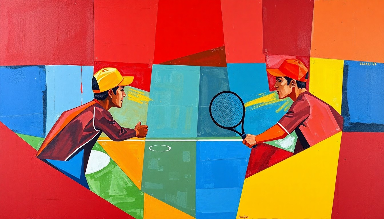 A cubist-style painting depicting a tennis match, with the players and court broken down into sharp, overlapping geometric shapes in a vibrant color palette.