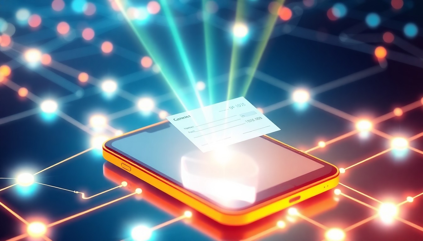 A highly detailed, glowing 3D illustration of a mobile device with a beam of light scanning a check, surrounded by a network of neon-lit digital infrastructure, conceptually representing the integration of mobile app deposit technology into the broader fintech ecosystem.