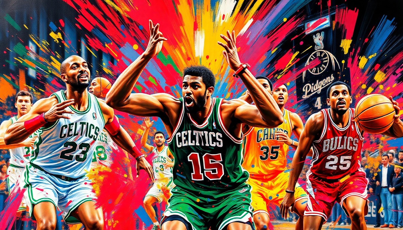 A vibrant, expressionist painting depicting the fast-paced action of a basketball game, with players' forms dissolving into colorful brushstrokes that capture the raw energy and intensity of the playoff matchup.