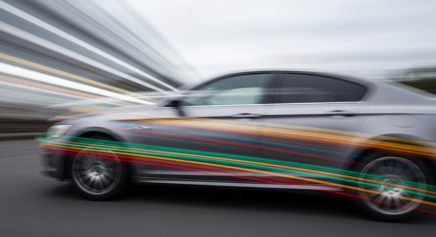 An abstract, motion-blurred image of a moving automobile, conveying the energy and dynamism of the automotive industry through sweeping streaks of vibrant color.