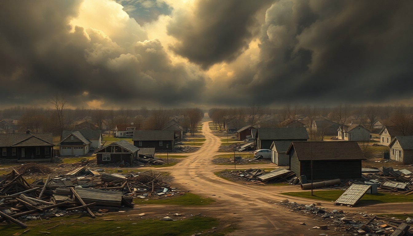 A sweeping, atmospheric landscape painting depicting a tornado-ravaged neighborhood in Bloomington, Illinois, with damaged homes and debris dwarfed by the overwhelming scale of the storm's aftermath, conveying a sense of the community's resilience in the face of nature's power.