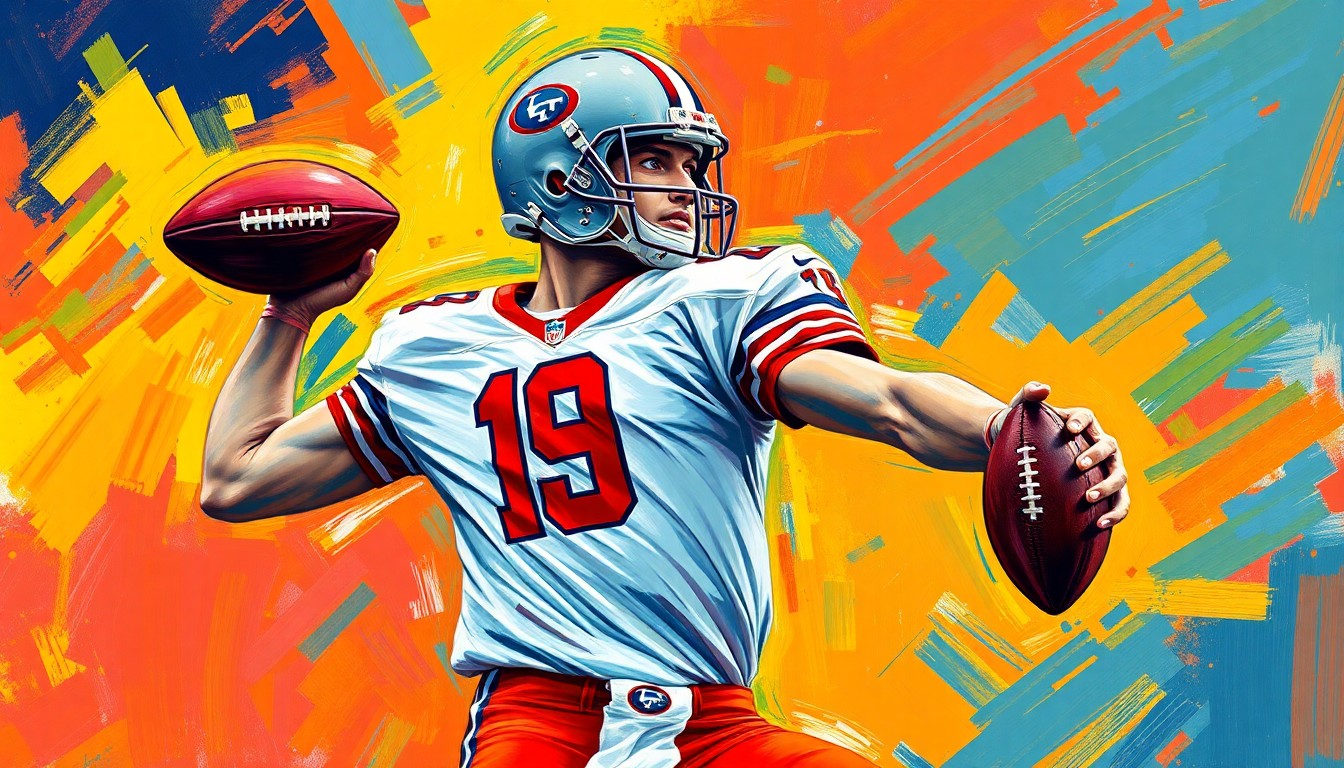 An abstract, energetic painting featuring bold brushstrokes of neon orange, yellow, and blue, capturing the dynamic motion of a quarterback preparing to throw a pass.