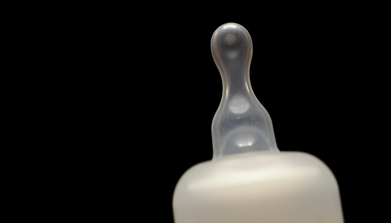 An extreme close-up photograph of a baby bottle or pacifier against a pitch-black background, lit by a harsh, direct camera flash, creating a stark, gritty, investigative aesthetic.