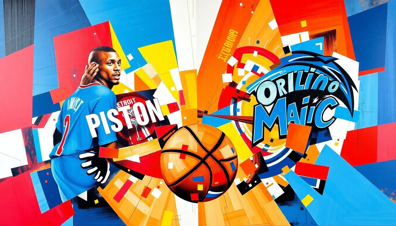 A cubist, geometric painting depicting a basketball game in motion, with the players and court fragmented into overlapping planes of vibrant blue, red, and white colors.