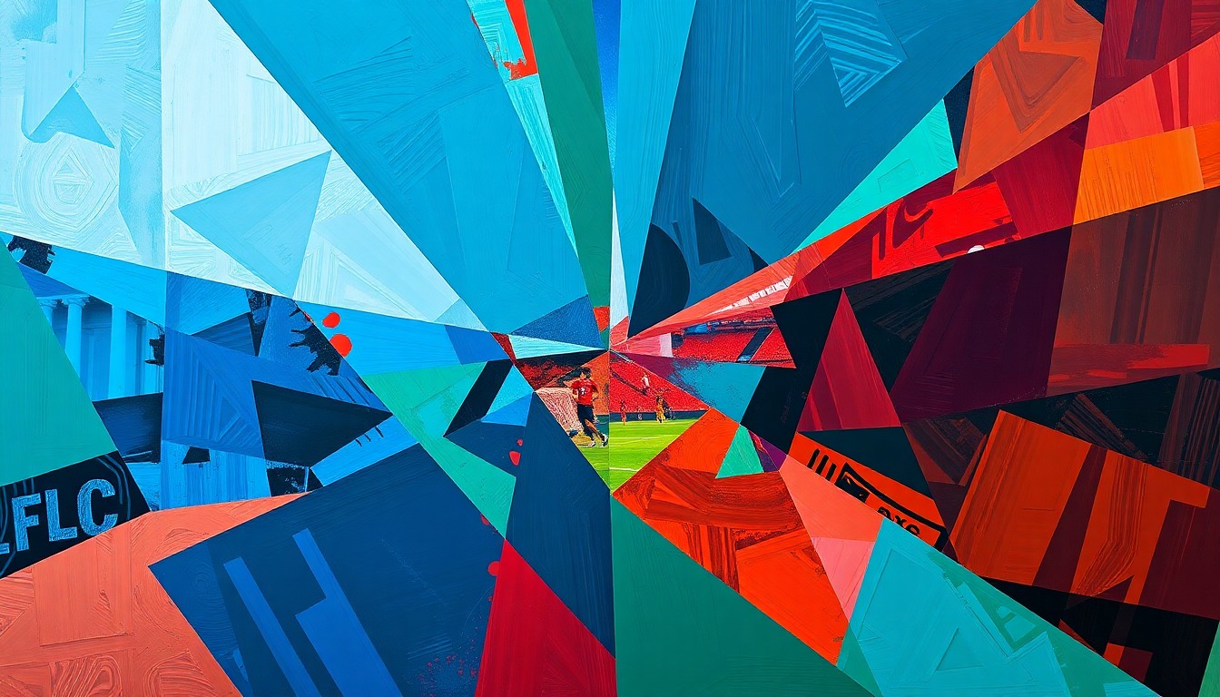 A fragmented, cubist-style painting depicting the dynamic action and energy of a soccer match, with overlapping geometric shapes in shades of blue, red, and green representing the players, field, and crowd.