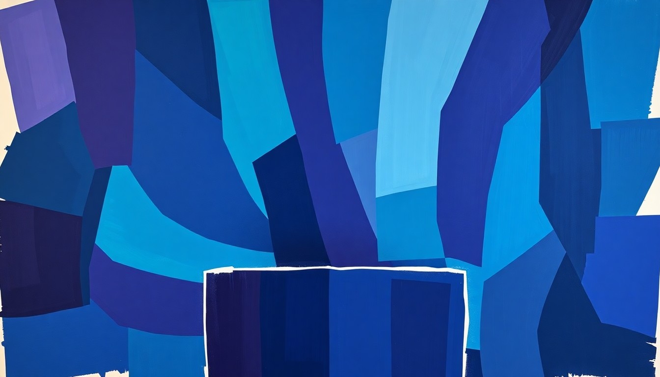 A fractured, abstract painting in shades of blue, teal, and violet, depicting a podium or ballot box in an overlapping, geometric style that conveys a sense of chaos and division.