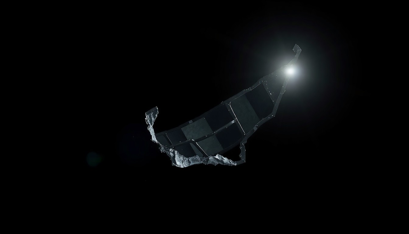 An extreme close-up photograph of a twisted, charred boat hull fragment, dramatically lit by a harsh camera flash to create a stark, gritty aesthetic that conceptually represents the violent destruction of the military strike.