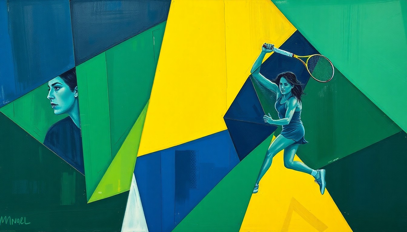 A fractured, multi-perspective painting depicting a women's tennis match, with sharp, overlapping geometric planes in navy blue, forest green, and bright yellow, conveying the intensity and dynamism of the sport.