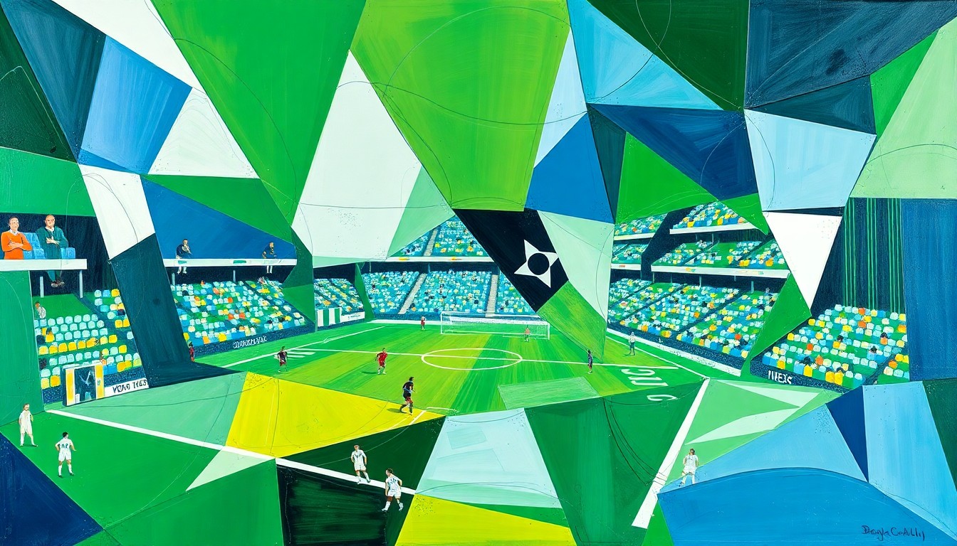 A vibrant, abstract painting in the Cubist style, featuring sharp geometric shapes and planes of green, blue, and white that suggest the movement and action of a women's soccer match.