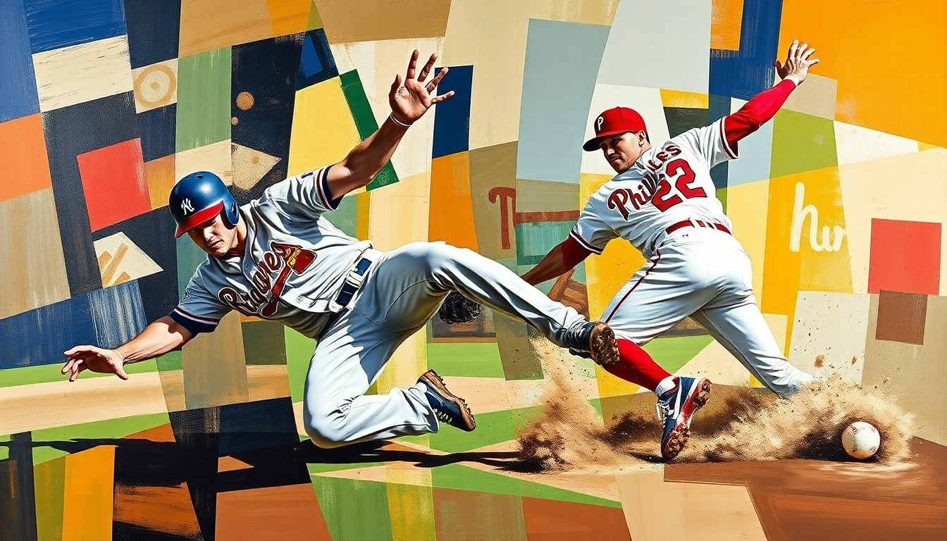 A cubist, geometric painting depicting the dramatic moment when Atlanta Braves third baseman Austin Riley makes a diving stop and throws out Philadelphia Phillies slugger Bryce Harper at first base, with sharp, overlapping planes capturing the raw energy and tension of the play.