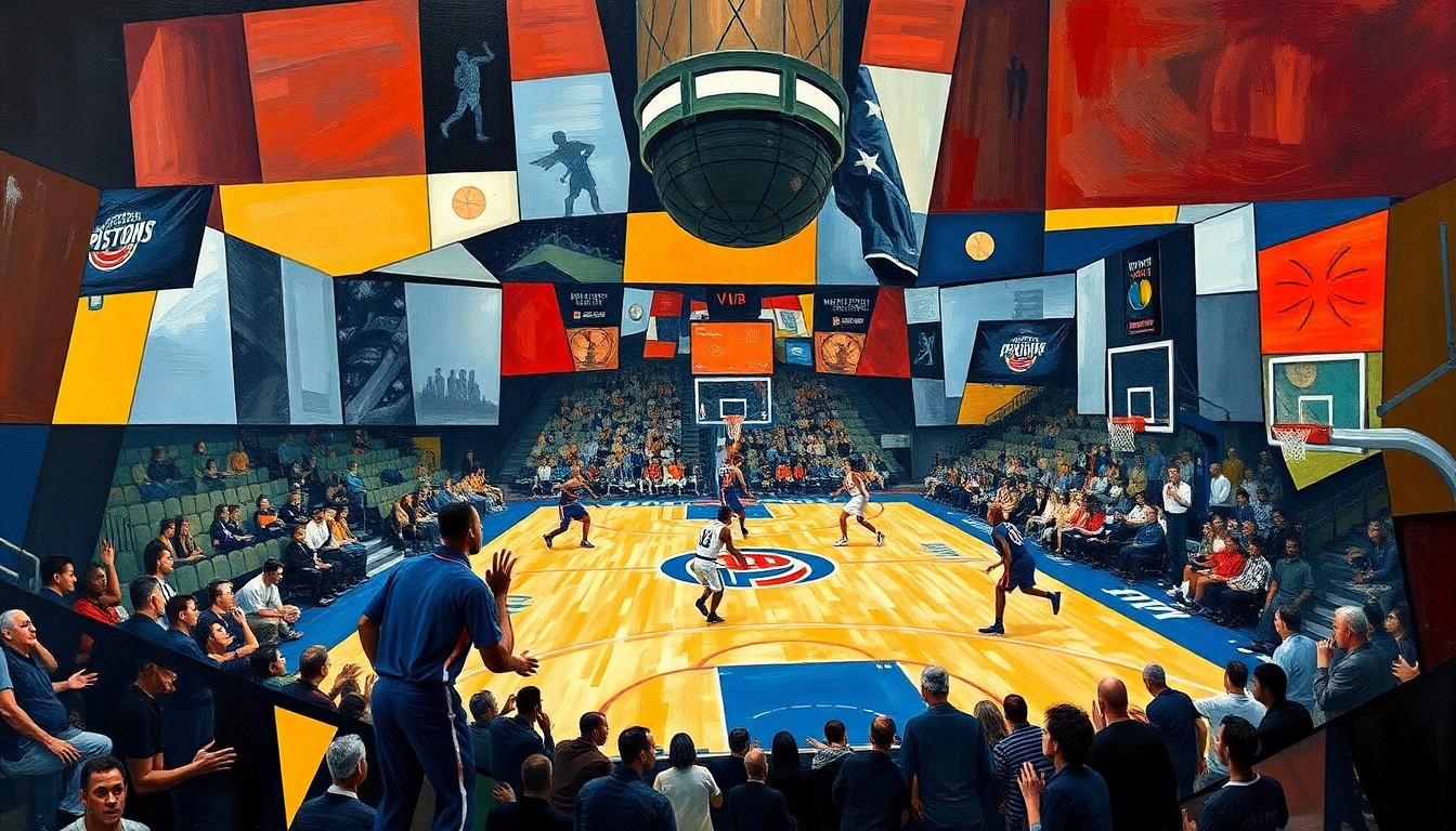 A fractured, geometric painting depicting the dynamic movements and energy of a basketball game, with players' forms broken down into sharp, overlapping planes of color.