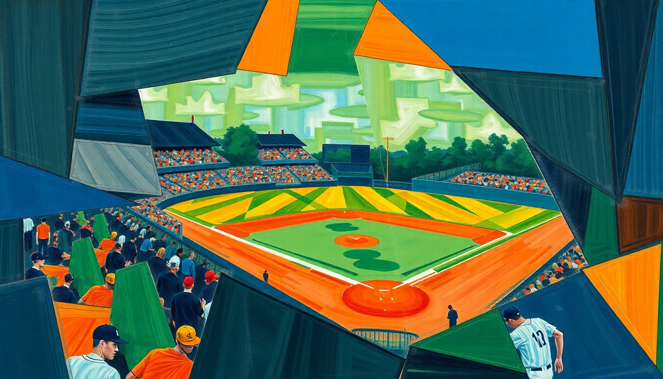 A fractured, cubist-style painting depicting a high school baseball game, with the players and field broken down into sharp, overlapping geometric shapes in vibrant colors, conceptually representing the competitive spirit and talent of Upstate South Carolina's top players.
