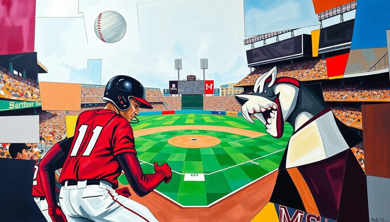 A fractured, geometric painting depicting the dynamic action and competition of a college baseball game, with the uniforms of the two teams blending together in an abstract, multi-angled composition.