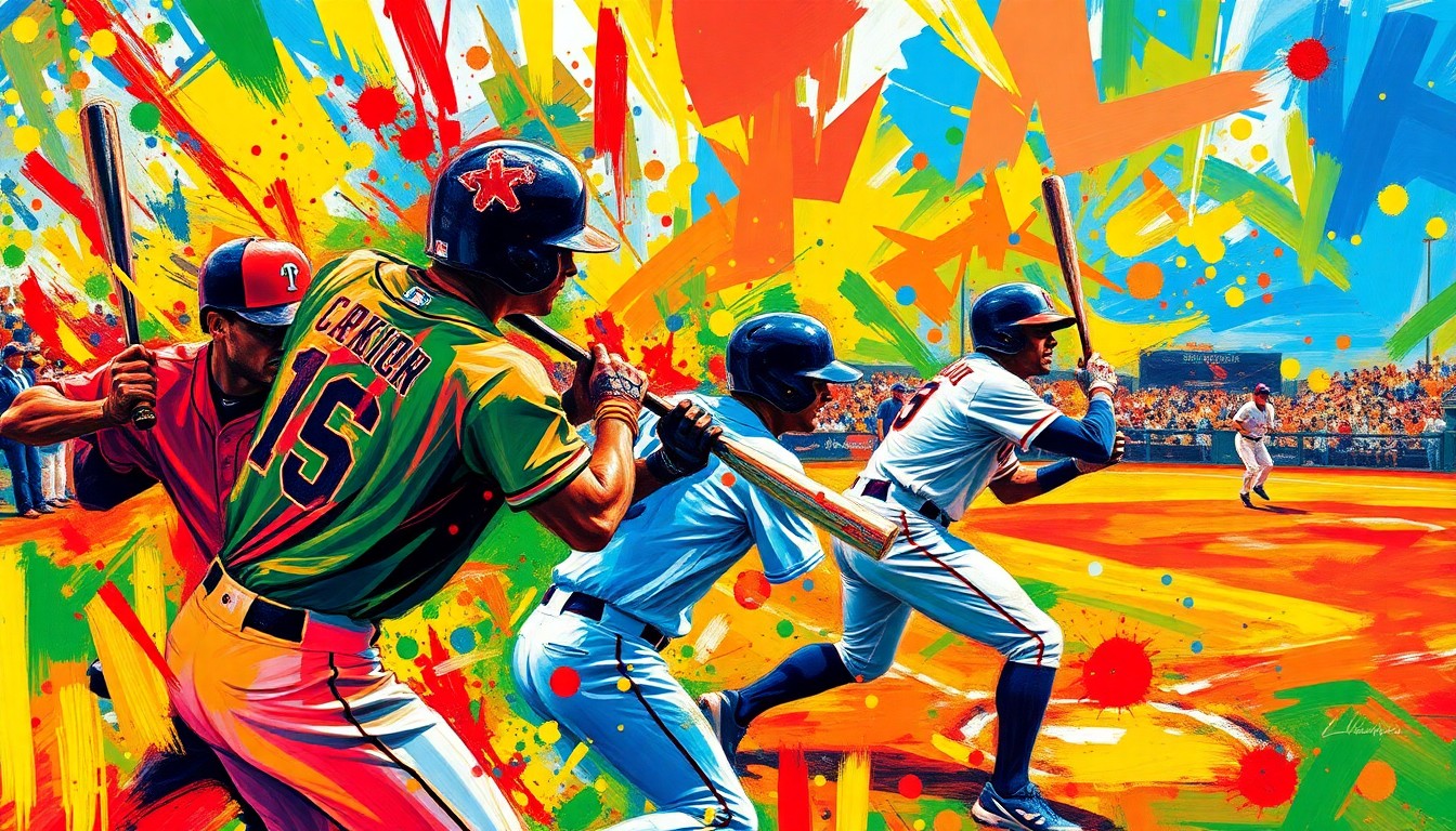 An abstract, expressionist painting in vibrant neon colors, with rapid brushstrokes capturing the energy and movement of a baseball game, players' forms dissolving into unrecognizable splatters of paint.