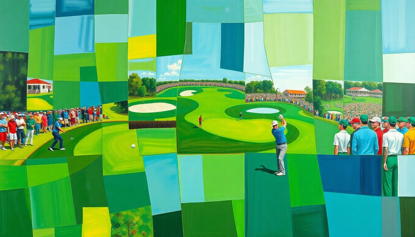 A cubist-style painting depicting a fractured, multi-angled view of a golf tournament scene, with sharp geometric shapes in vibrant greens, blues, and golds representing the course and players.