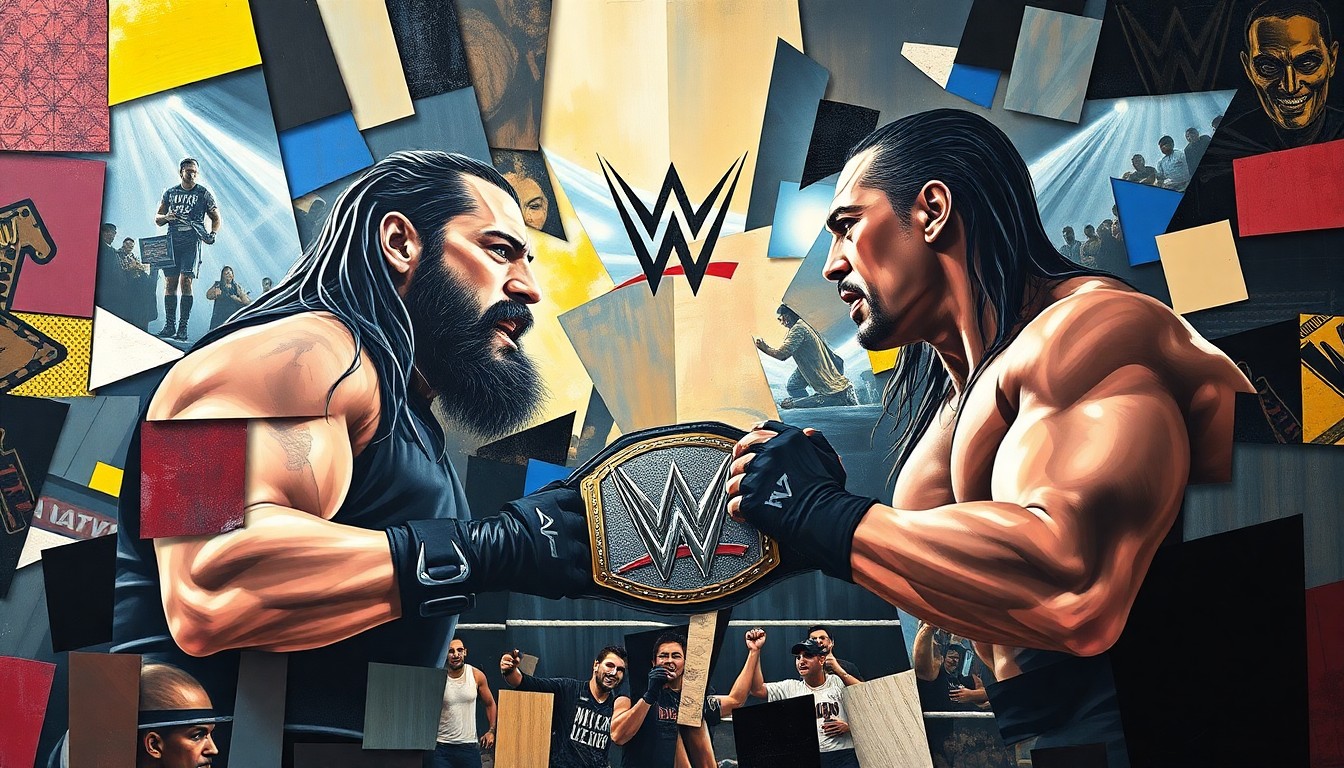 A cubist, geometric painting depicting the final moments of a wrestling match, with overlapping planes of color and form representing the action in an abstract, deconstructed style.
