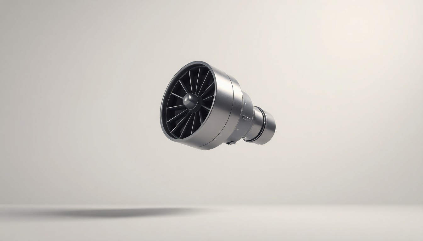 A highly detailed, photorealistic studio still life photograph showing a sleek, metallic model of an airplane engine part floating on a clean, monochromatic background, representing the abstract concept of rising fuel costs and their impact on the airline industry.