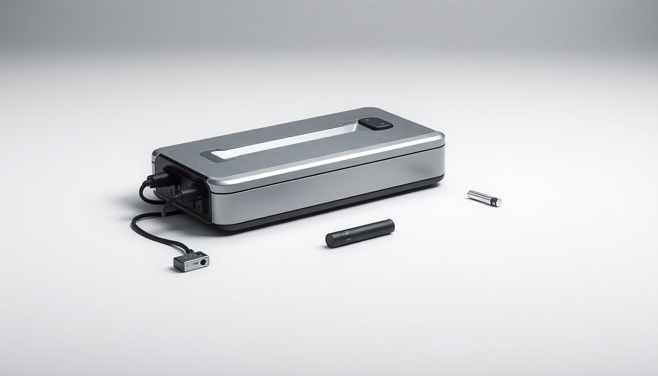 A minimalist, photorealistic studio still life featuring a sleek, metallic electric vehicle battery pack resting on a clean, monochromatic background, symbolizing the technological advancements and future of transportation.