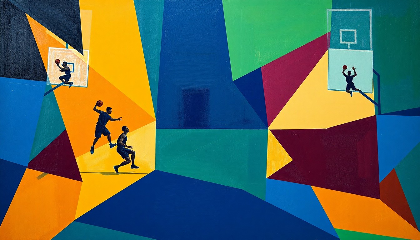 A cubist, geometric painting depicting fragmented, overlapping shapes and planes in navy, green, and burgundy, representing the physical, intense style of play embodied by the Detroit Pistons' iconic 'Bad Boys' teams.