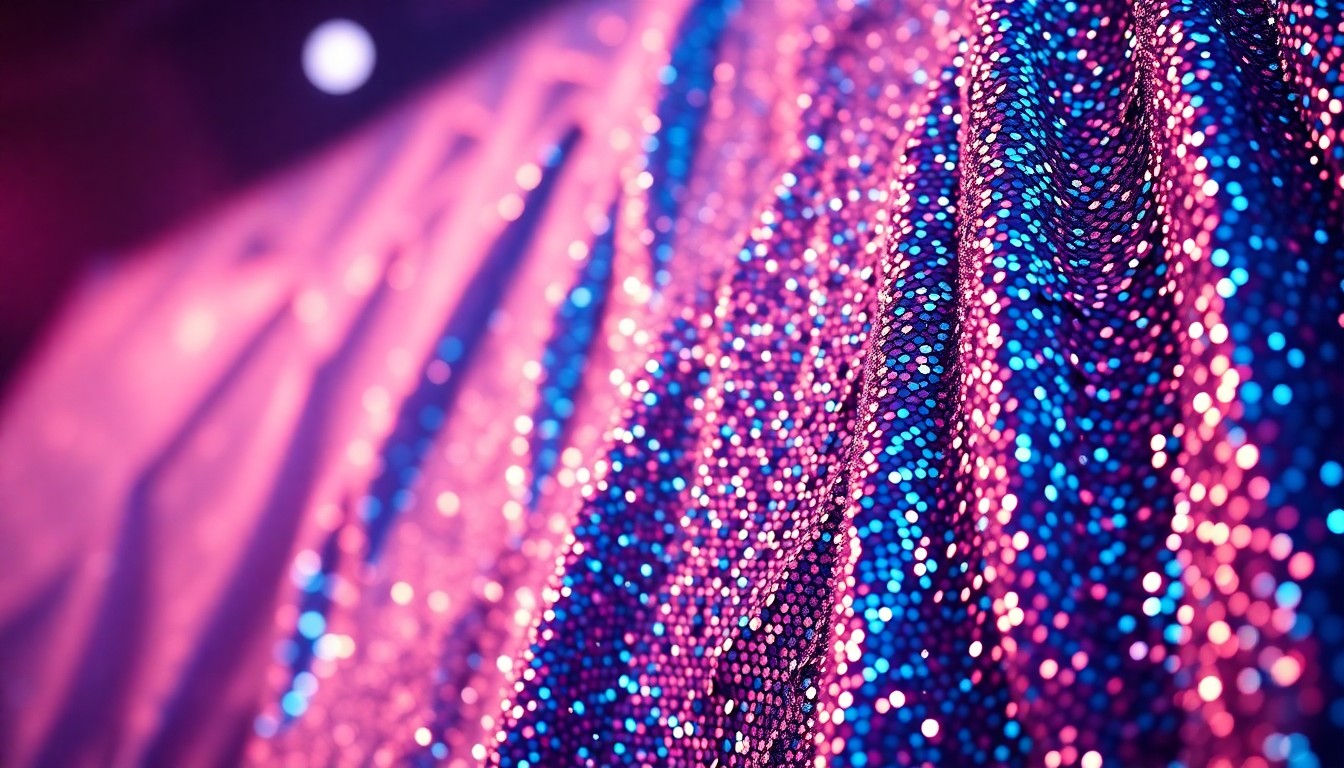 An extreme close-up of shimmering, glittering sequins illuminated by dramatic, high-contrast studio lighting, conceptually representing the glamour and energy of a K-pop concert.