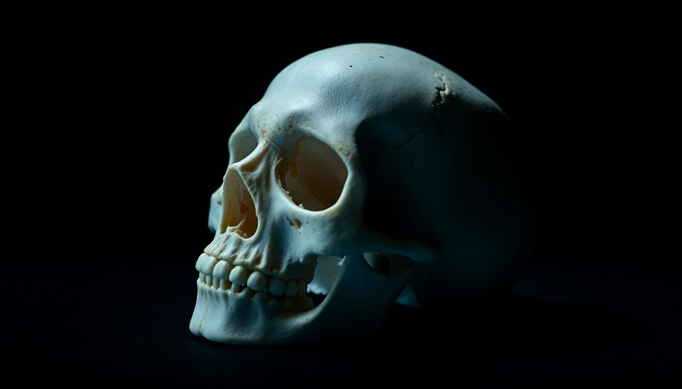 An extreme close-up photograph of a human skull fragment, its rough, porous texture and sharp edges dramatically illuminated by a harsh, direct camera flash against a pitch-black background, conveying the stark, gritty, and investigative nature of this unsettling crime.