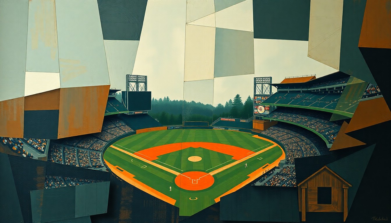 A fractured, multi-perspective painting depicting a baseball game, with the players and field broken down into sharp, overlapping geometric shapes in muted tones of navy, forest green, and burnt orange.