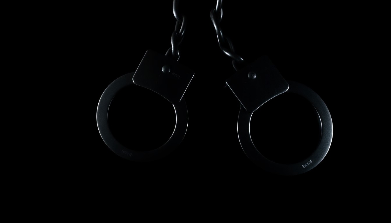An extreme close-up photograph of a pair of handcuffs against a pitch-black background, lit by a harsh, direct camera flash, conceptually representing the serious consequences of a crime against children.
