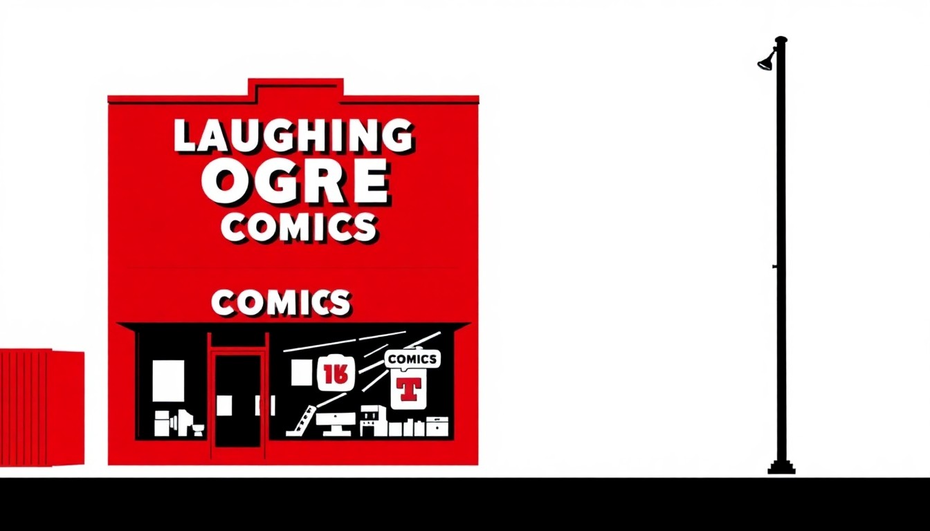 A bold, graphic composition in red, black, and white featuring stark, jagged geometric shapes that abstractly represent the Laughing Ogre Comics storefront and its role as a hub for the local comics community.