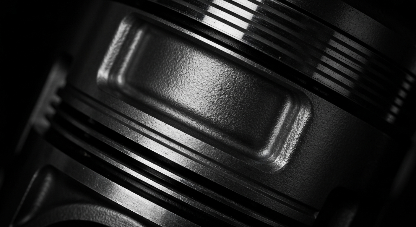 An extreme close-up of the textured surface of an automobile part, such as a piston or engine block, in dramatic lighting and high contrast, conceptually representing the intricate details and engineering behind the auto mechanic 77084 story.