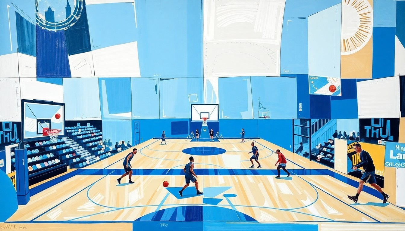 A fractured, geometric painting in vibrant blues and whites, depicting a college basketball scene broken down into sharp, overlapping planes, representing the rebuilding process for the UNC program.