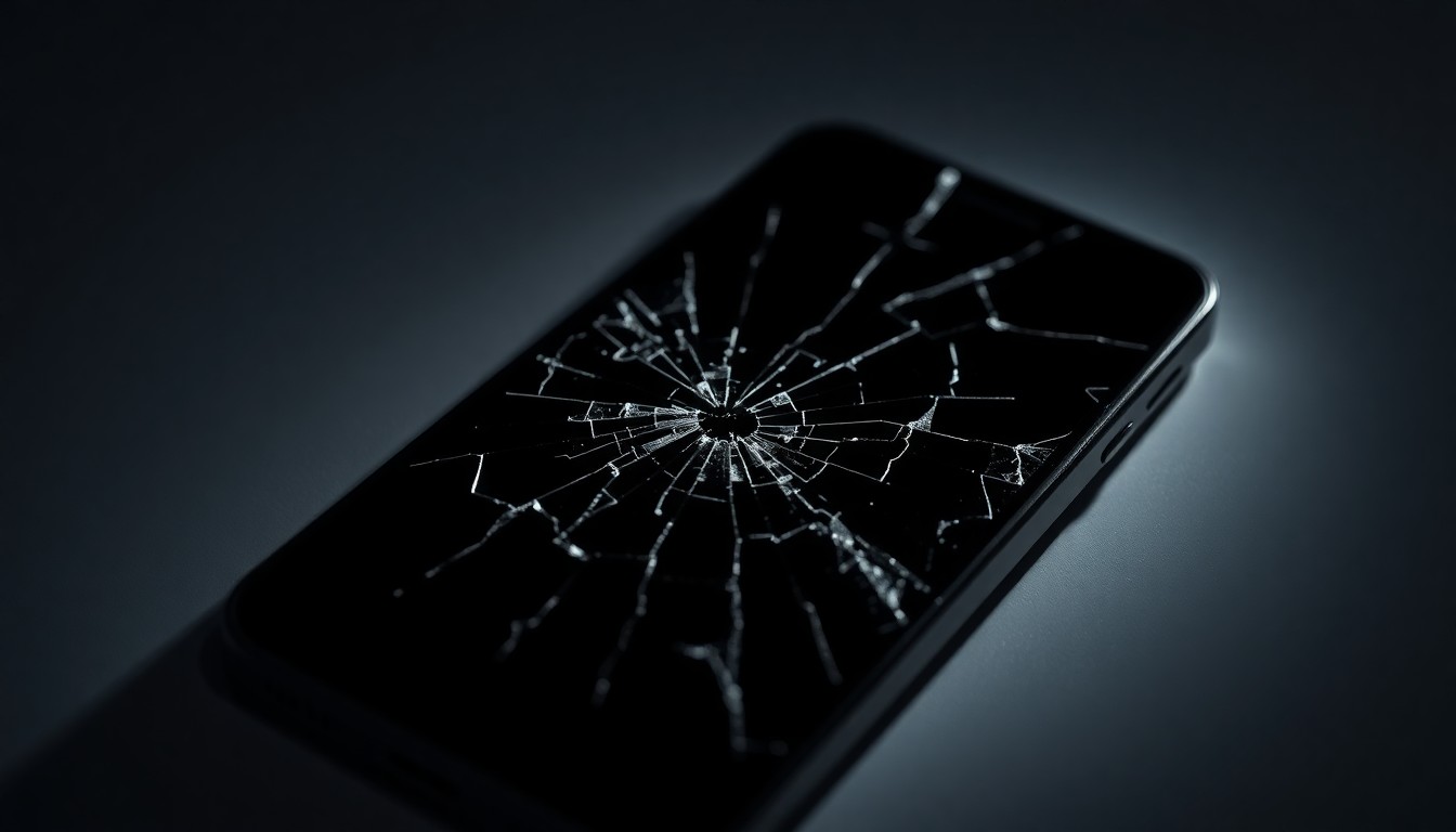 An extreme, abstract close-up of a cracked and shattered smartphone screen, captured in dramatic, high-contrast studio lighting to create a glitzy, high-fashion aesthetic focused on the material and light rather than a literal object.