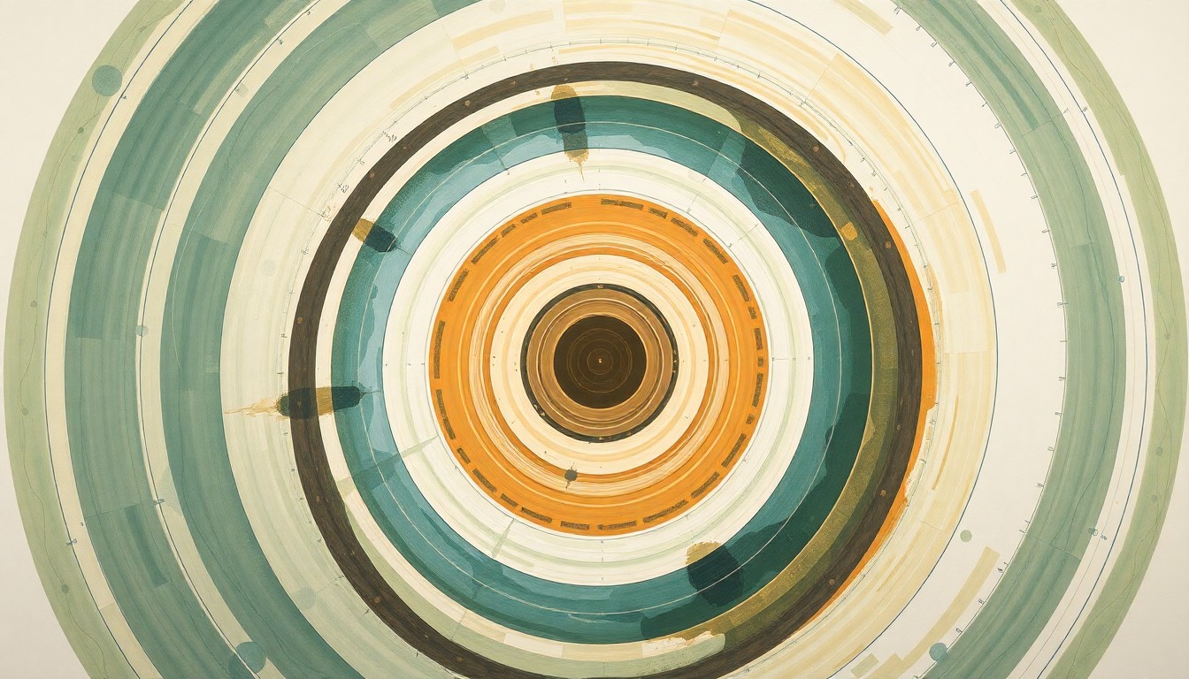 A highly abstract, geometric painting in muted earth tones, featuring sweeping arcs, concentric circles, and precise spirals, conveying the complex natural forces and structures underlying immune cell programming and gene delivery technologies.