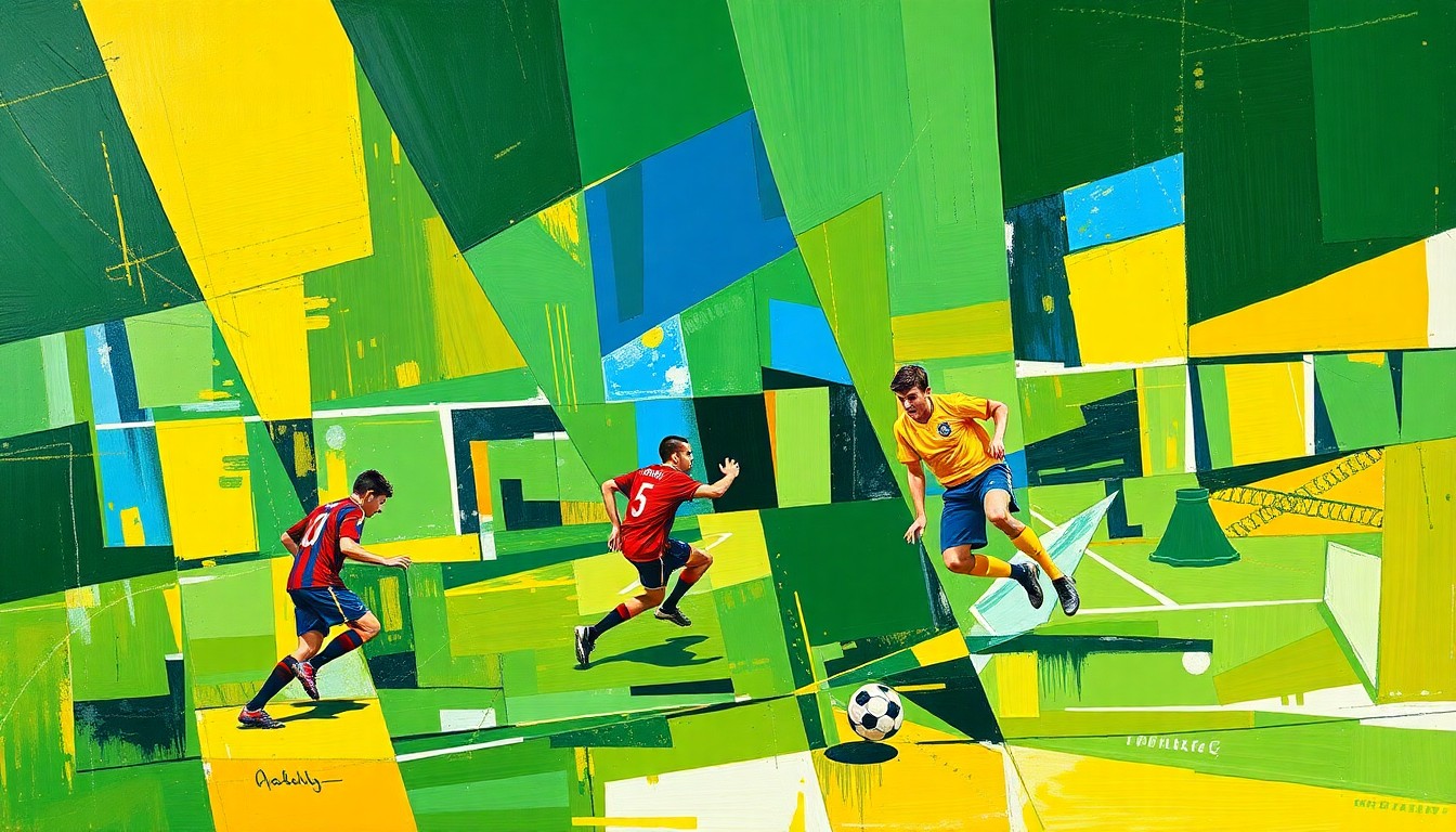 A fractured, cubist-style painting depicting a high school boys soccer match, with the players and field broken down into sharp, overlapping geometric shapes in a vibrant color palette of greens, blues, and yellows, conveying the competitive spirit and athletic talent of the midseason standouts.
