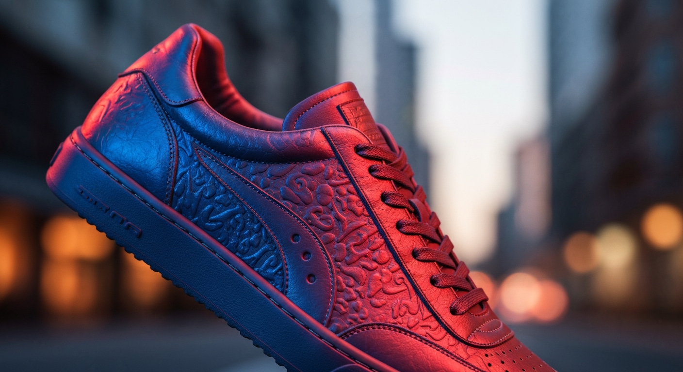 An extreme close-up of the textured leather upper of an Adidas sneaker, with the pebbled surface and rich colors highlighted by dramatic lighting, conveying the premium materials and craftsmanship of the brand's footwear.