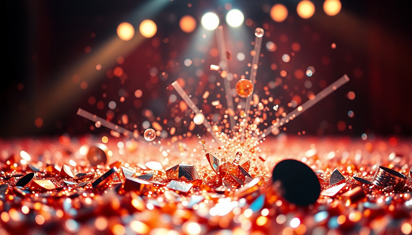 An extreme close-up photograph of shimmering sequins and shattered glass reflecting dramatic studio lighting, capturing the glitz and energy of a music festival stage through an abstract, high-fashion lens.