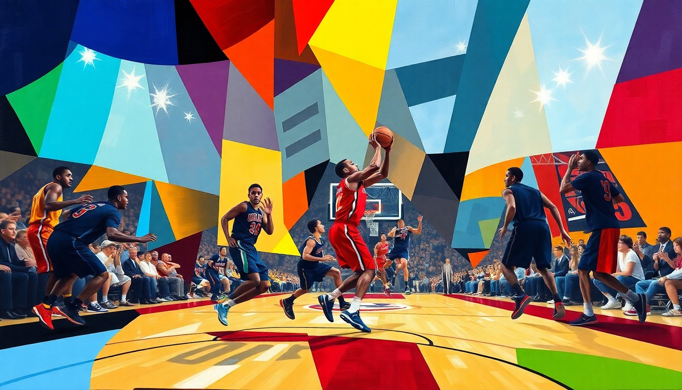A cubist, geometric painting depicting the abstracted, overlapping shapes of basketball players on a court, capturing the dynamic movement and energy of the game.