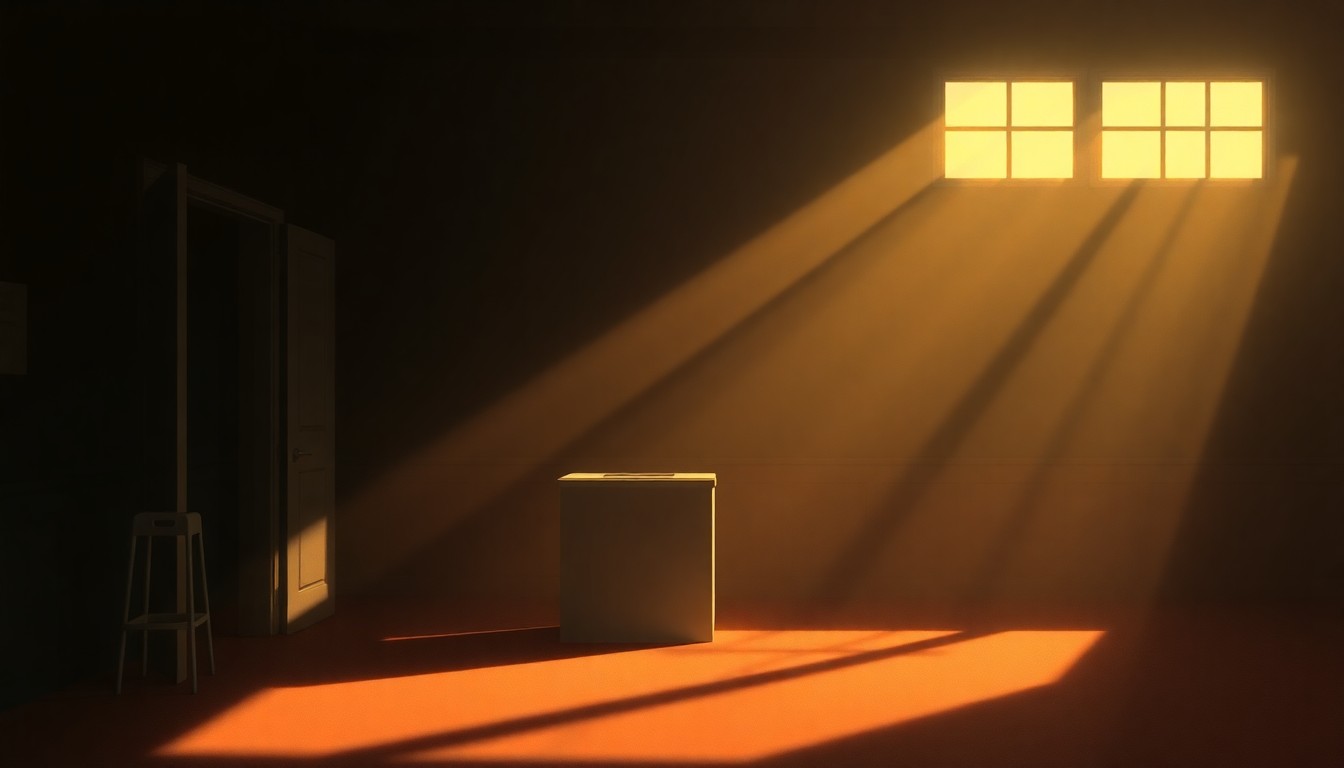 A dimly lit government office with a solitary ballot box in the center, bathed in warm, diagonal sunlight and deep shadows, conceptually representing the importance of voting rights and election oversight.