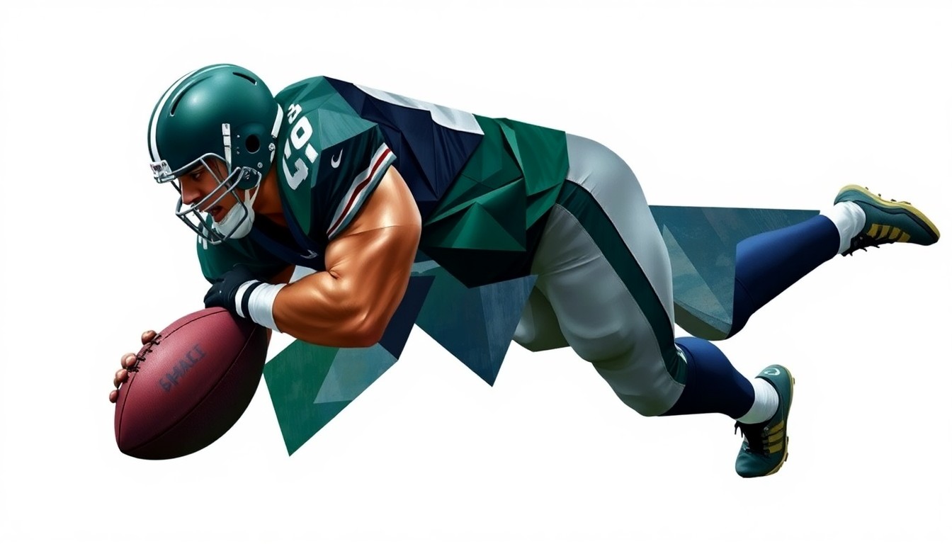 A cubist, geometric painting depicting a defensive lineman making a tackle, with the player's body broken down into overlapping planes of dark green, navy blue, and metallic silver.