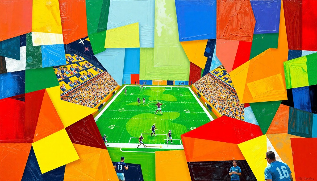 A cubist, geometric painting featuring overlapping planes of bright team colors, conceptually representing the disruption and challenges facing the NFL due to COVID-19 cases among vaccinated players.