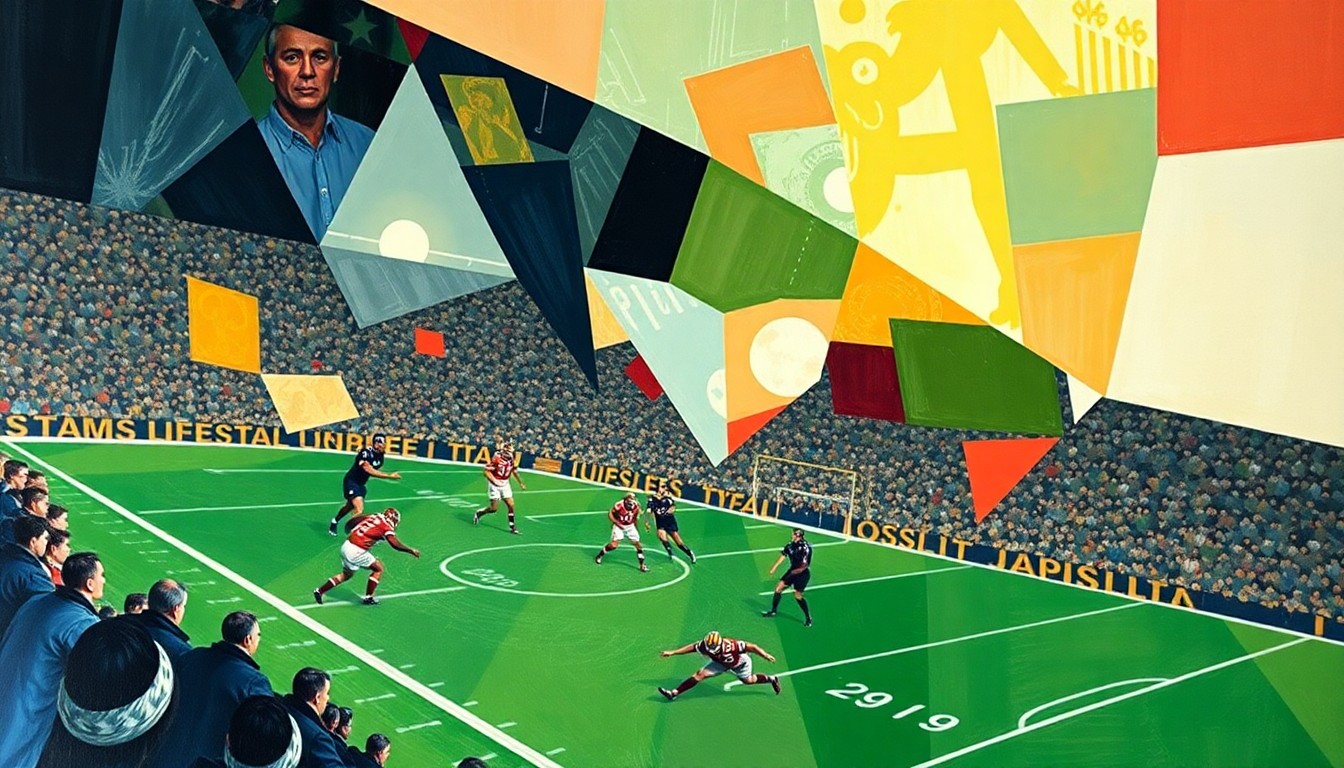 A cubist, geometric painting depicting a fragmented football game, with sharp, overlapping planes of color and form representing the chaotic nature of the Jets' season.