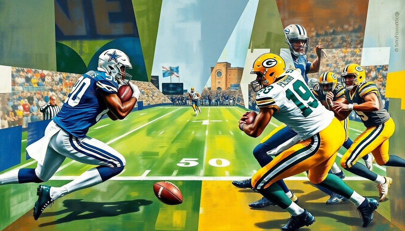 An abstract, geometric painting in the style of Pablo Picasso, with overlapping planes of color and fragmented forms representing the energy and competition of a football game between the Dallas Cowboys and Green Bay Packers.