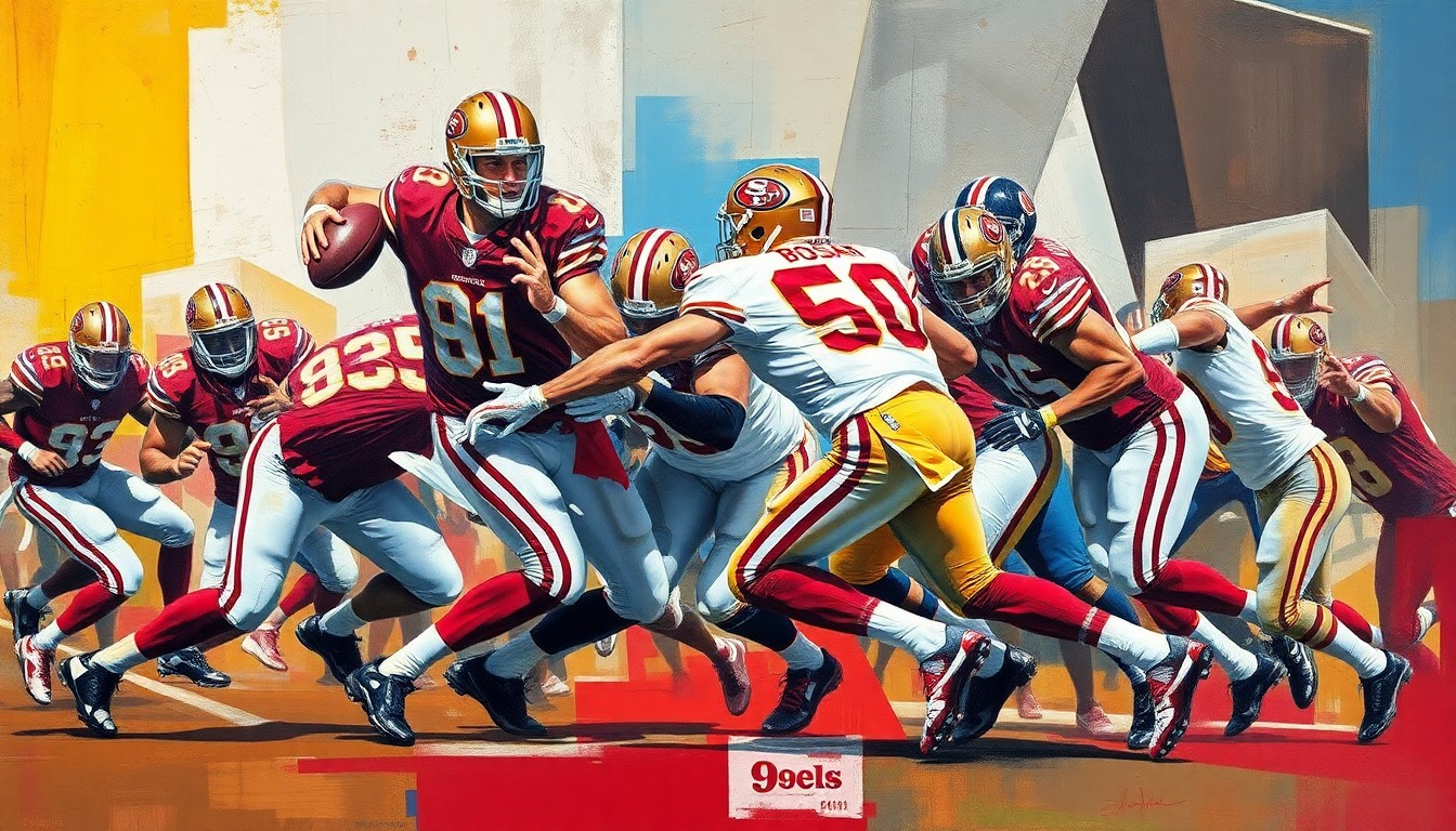 A cubist, geometric painting depicting a fractured, multi-perspective view of a 49ers defensive play, with sharp planes and angles representing the loss of their star pass rusher Nick Bosa to a season-ending knee injury.