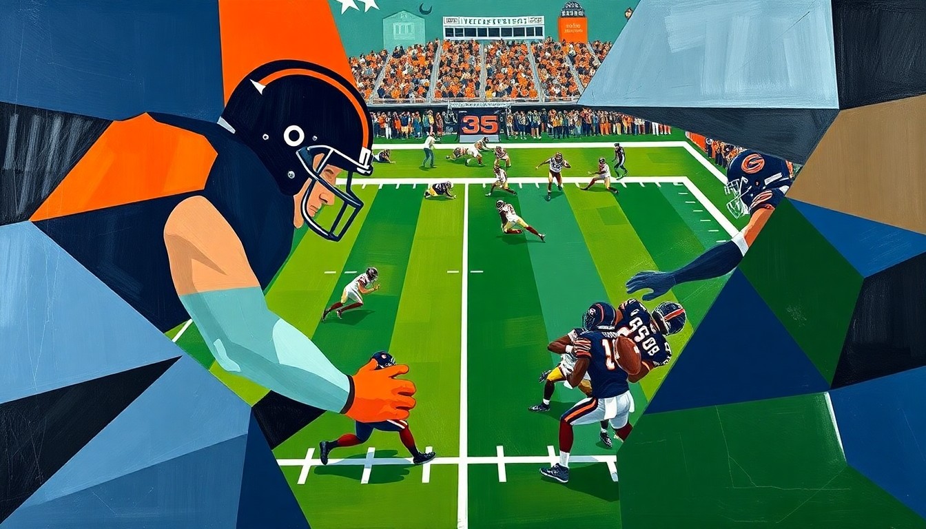 A fragmented, cubist-style painting depicting the action of a football game between the Chicago Bears and San Francisco 49ers, with the players' forms broken down into sharp, overlapping geometric shapes in a palette of navy, orange, and green.