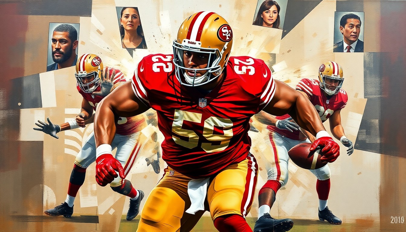 A fractured, geometric painting depicting a 49ers defensive lineman in the midst of a pass rush, with sharp, overlapping planes of red, gold, and black conveying the raw energy and power of the play.