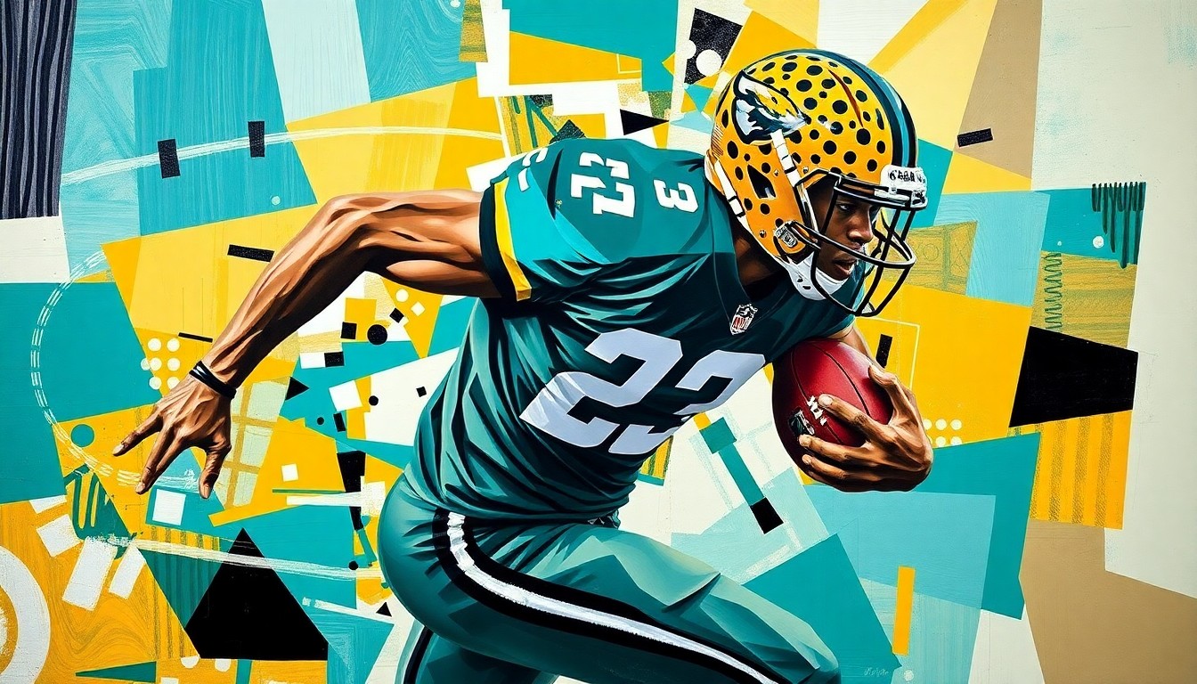 A cubist-style painting depicting a football player in motion, with their body broken down into overlapping geometric shapes in shades of teal, gold, and black, representing the Jacksonville Jaguars' colors and the fractured nature of the sport.