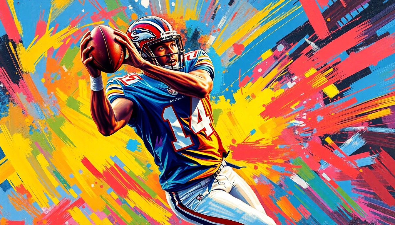 An abstract, expressionist painting in vibrant neon colors depicting the dynamic motion and energy of a football player making a catch, with faces and details dissolved into unrecognizable splatters of paint.