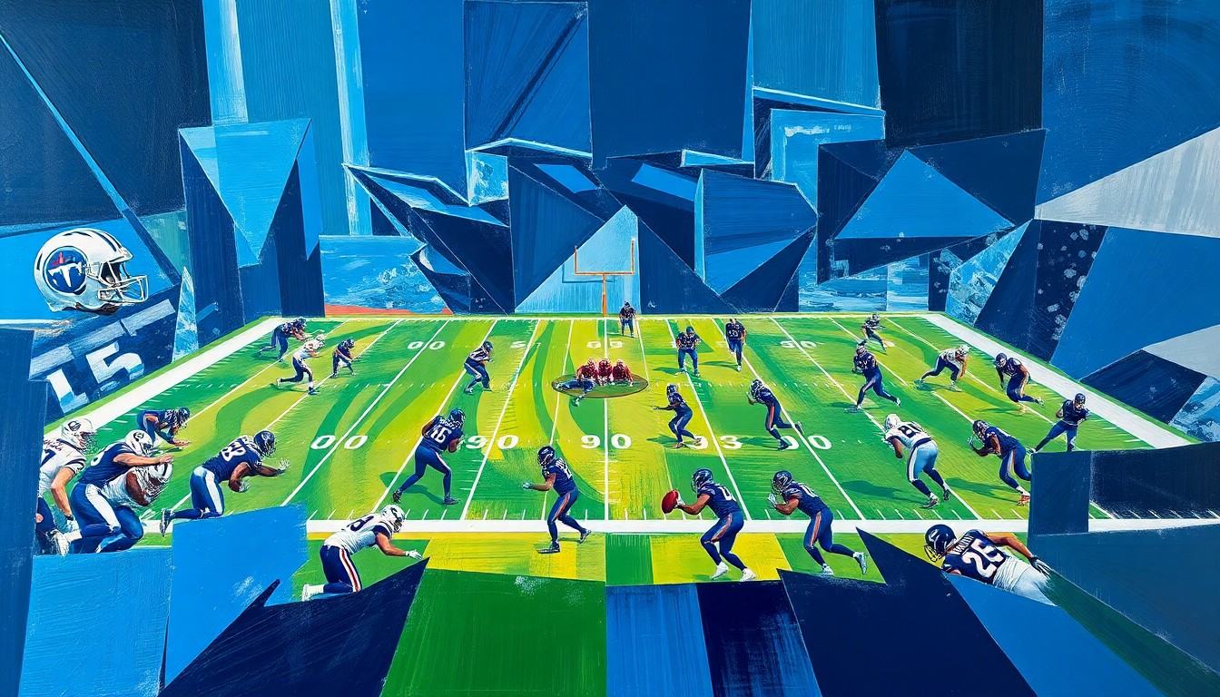 A fragmented, cubist-style painting depicting a Tennessee Titans offensive play, with players and the football field broken down into sharp, overlapping geometric shapes in navy, powder blue, and metallic silver tones, conveying the team's efforts to reconstruct their offense around quarterback Ryan Tannehill.