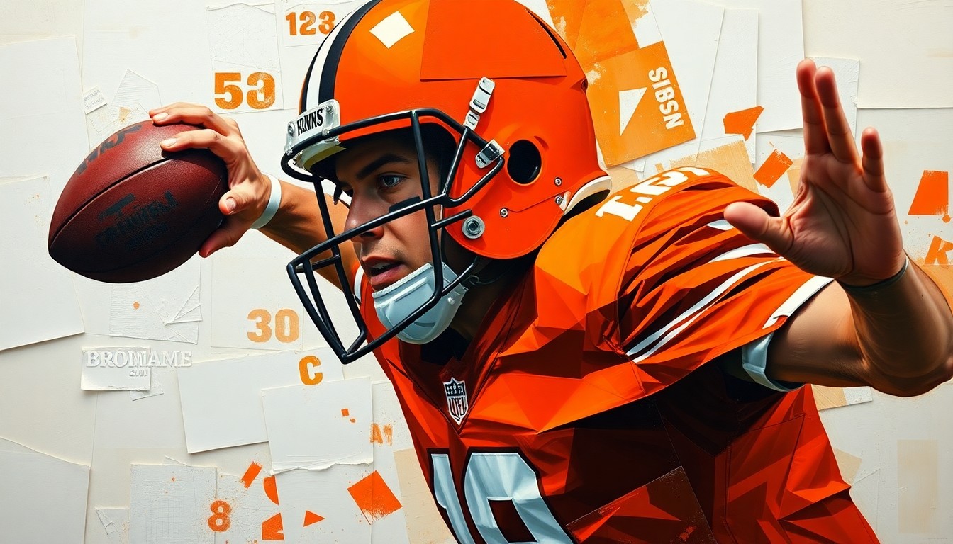 A fractured, cubist-style painting depicting a quarterback's throwing motion broken down into sharp, overlapping geometric shapes in the Browns' team colors of orange, brown, silver, and black.
