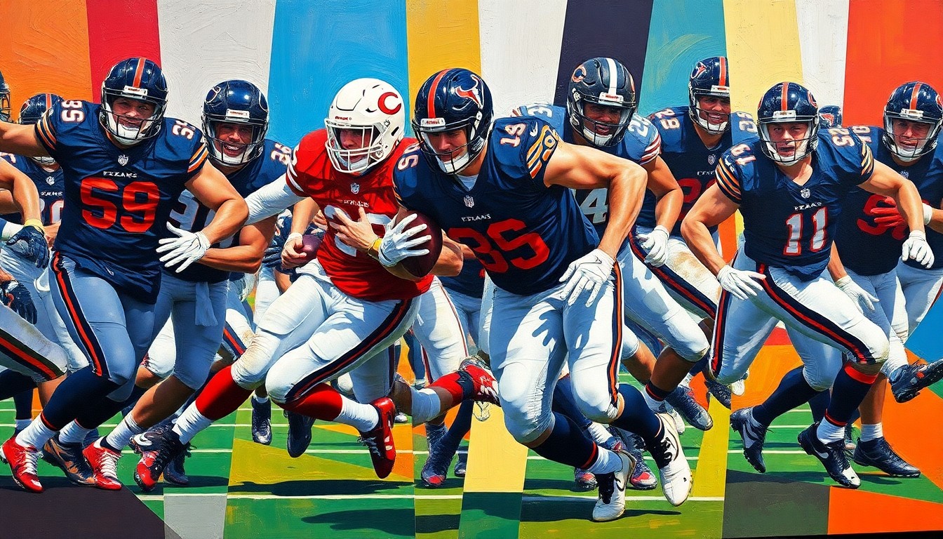 A cubist-style painting depicting a football running play broken down into overlapping geometric shapes and planes, using the colors of the Texans and Bears uniforms to represent the two teams involved in the trade.