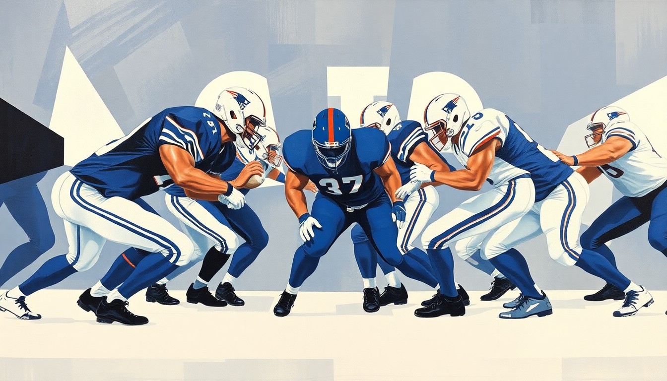 A cubist-style painting depicting an abstracted football offensive line, with the players' bodies broken down into sharp, overlapping geometric shapes in shades of blue, conceptually representing the continuity of the Bills' offensive line.